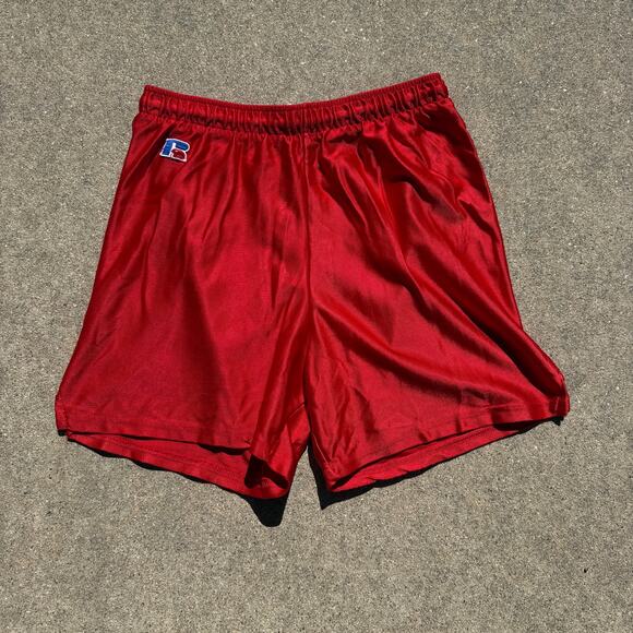 Men's Vintage 90's Russell Athletic Shiny Red Basketball Short Shorts Sz Medium - Picture 1 of 5